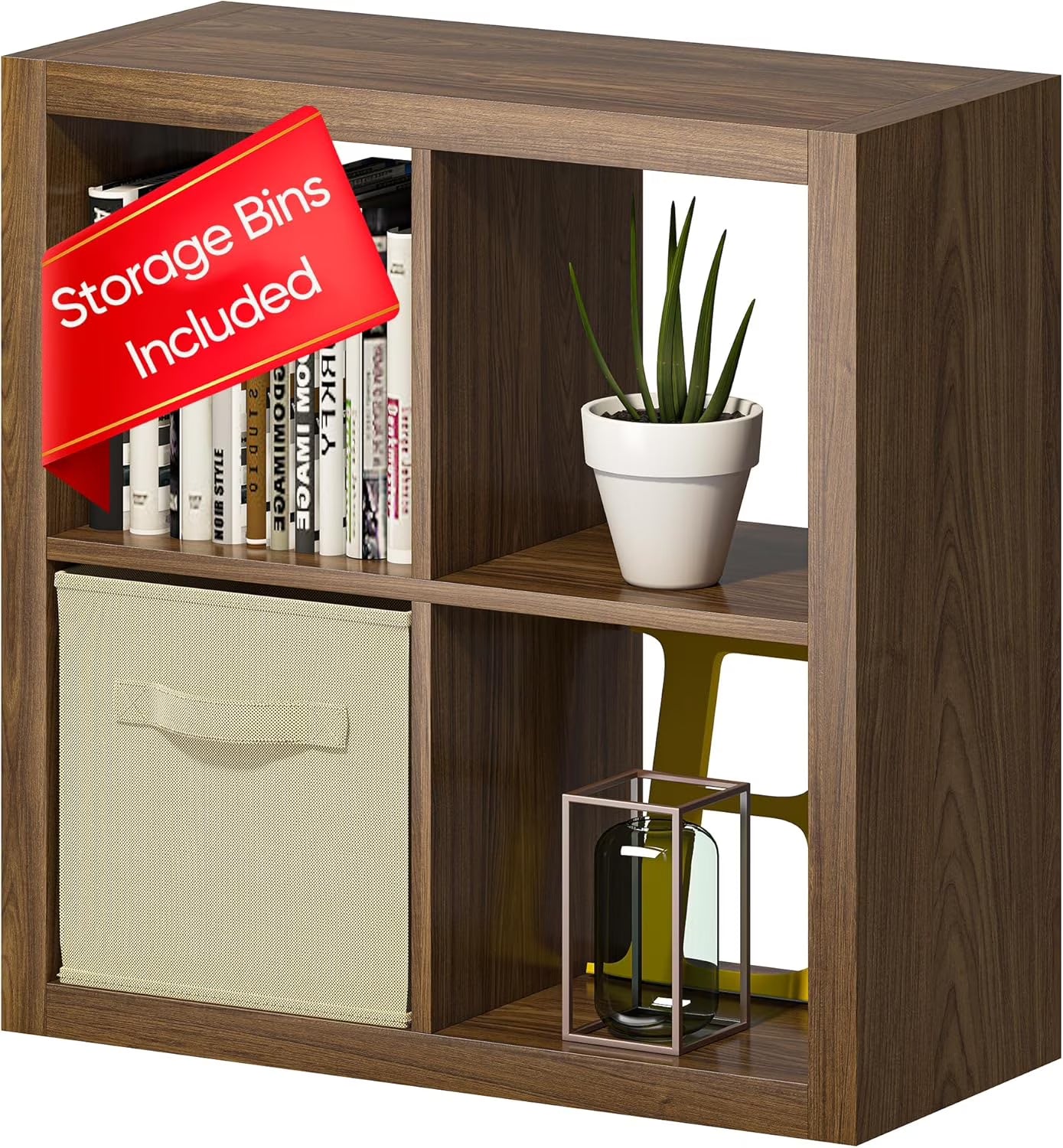 GHooa Bookshelf with Storage Bin, 4-Cube Storage Organizer, Modern Wood Open Bookcase, Multifunctional Display Shelf for Living Room, Bedroom, Home Office-4 Cube-Classic Oak