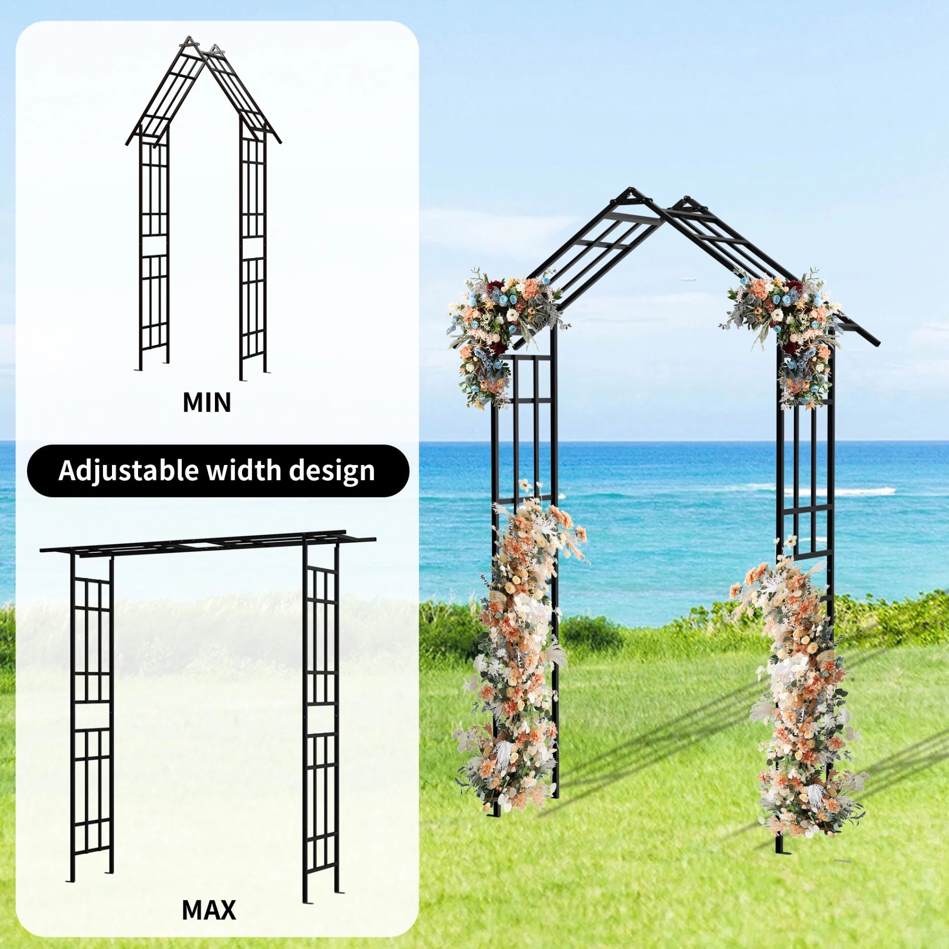 Metal Garden Arch with Plant Box and Adjustable Width, 2 in 1 House Shape Garden Arch Trellis for Climbing Plants Heavy Duty Steel Pergola Arch for Wedding Party Backyard Outdoor (Black)