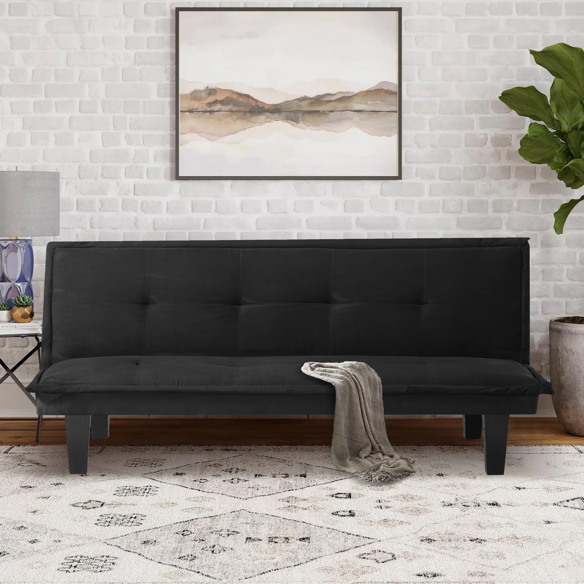 Aukfa Futon Convertible Sofa Bed for Home Office, Tufted Back, Faux Suede, Black