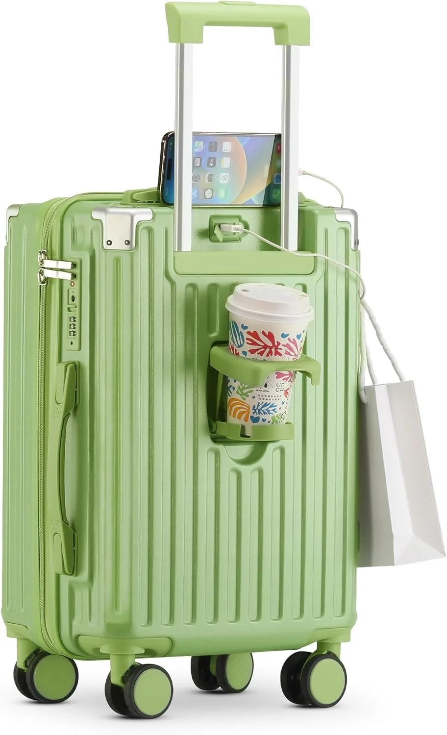 20 Inch Carry On Luggage With Cup Holder & USB Port, Airline Approved TSA-locked Luggage, Lightweight PC Material Travel Suitcase With 360° Spinner Wheel