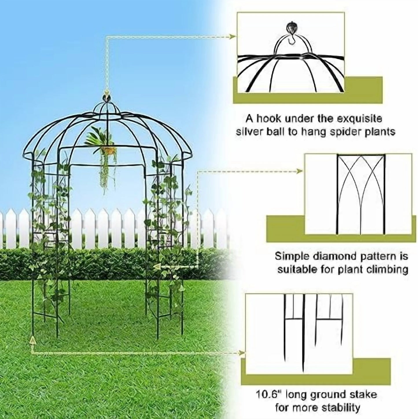 Garden Arch Arbor, Heavy Duty Metal Pergola Pavilion Trellis Birdcage Gazebo French Style 9ftx6.8ft Plants Support Use for Outdoor Climbing Plants Patio Decoration Wedding Ceremony
