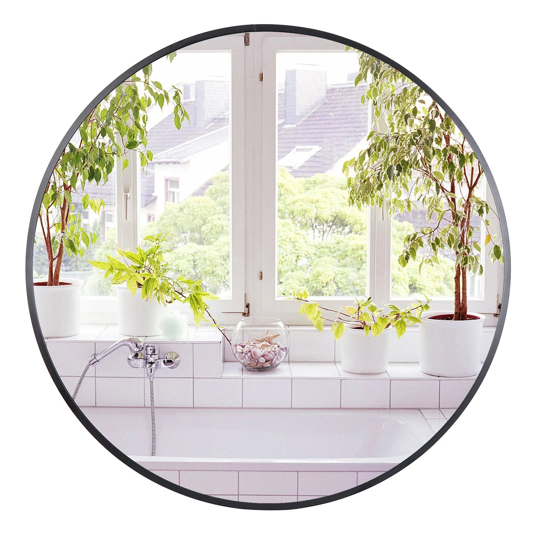 SuperDeal 24 inch Diameter Round Wall Mirror HD Explosion-Proof Black Aluminum Alloy Frame