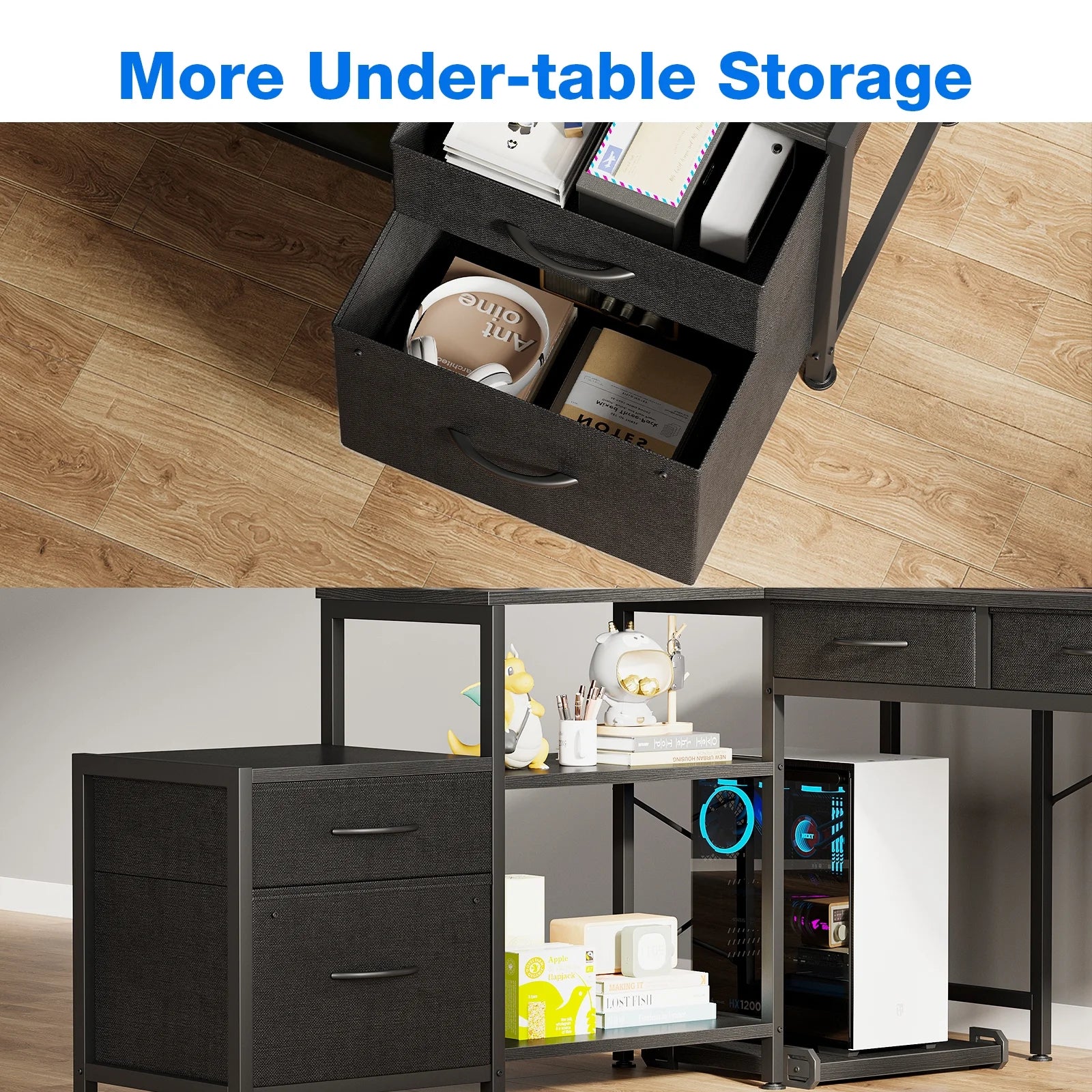 L Shaped Gaming Desk with File Drawer & Power Outlet, 53" Reversible Home Office Desk with Monitor Stand & Storage Drawers, Modern Corner Computer Desk with CPU Stand & Printer Storage Shelves, Black