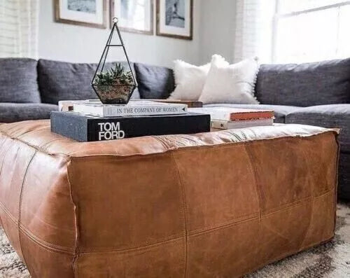 Moroccan Leather Footstool Boho Vintage Pouffe 30'' Wonderful Classic Square