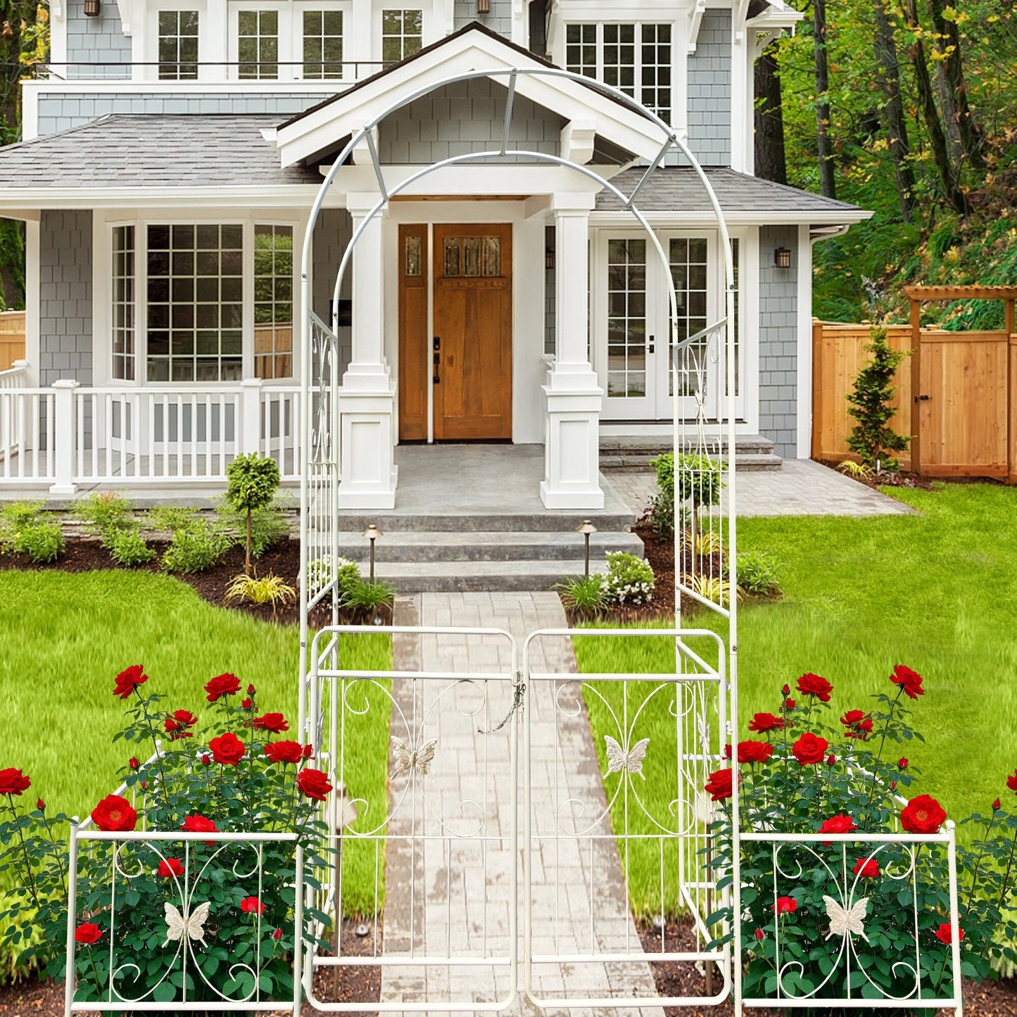 Garden Arch Metal Garden Arch with Gate 79.5'' Wide x 86.6'' High Climbing Plants Support Rose Arch Outdoor Cream White,Garden Trellis