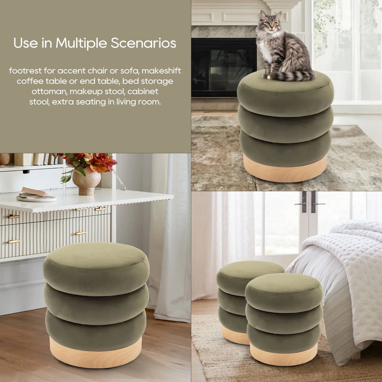 COLAMY Velvet Tufted Ottoman Footstool, Versatile Round Pouf and Side Table - Green