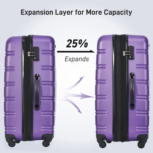 3 Piece ABS Luggage Set, Luggage with Spinner Wheel & TSA 20/24/28 inch, Purple