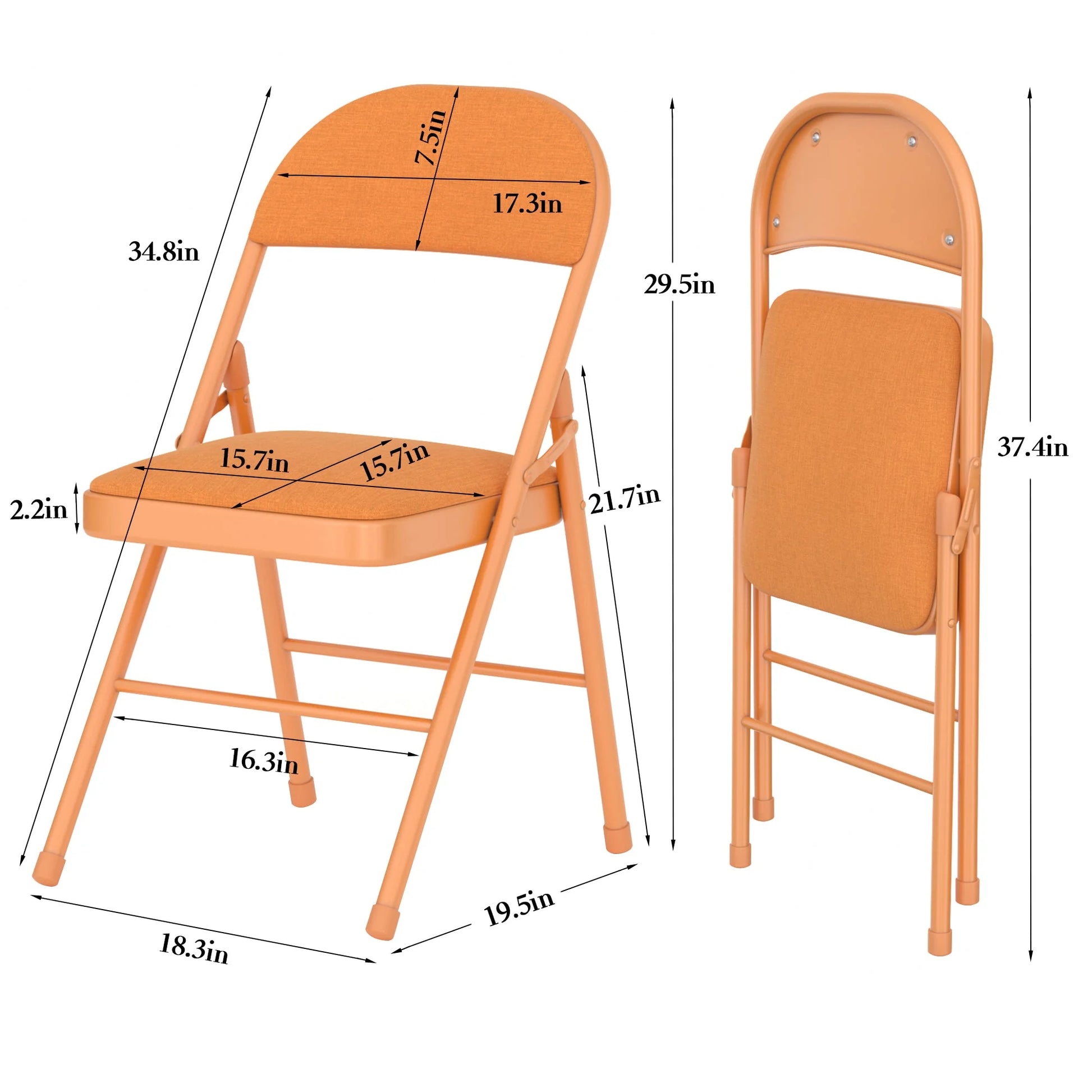 VECELO Set of 4 Folding Chairs, Fabric Dining Chair Set with Padded Cushion and Back, Indoor Outdoor Upholstered Seat with Metal Frame for Home Office Events Wedding Party, Orange