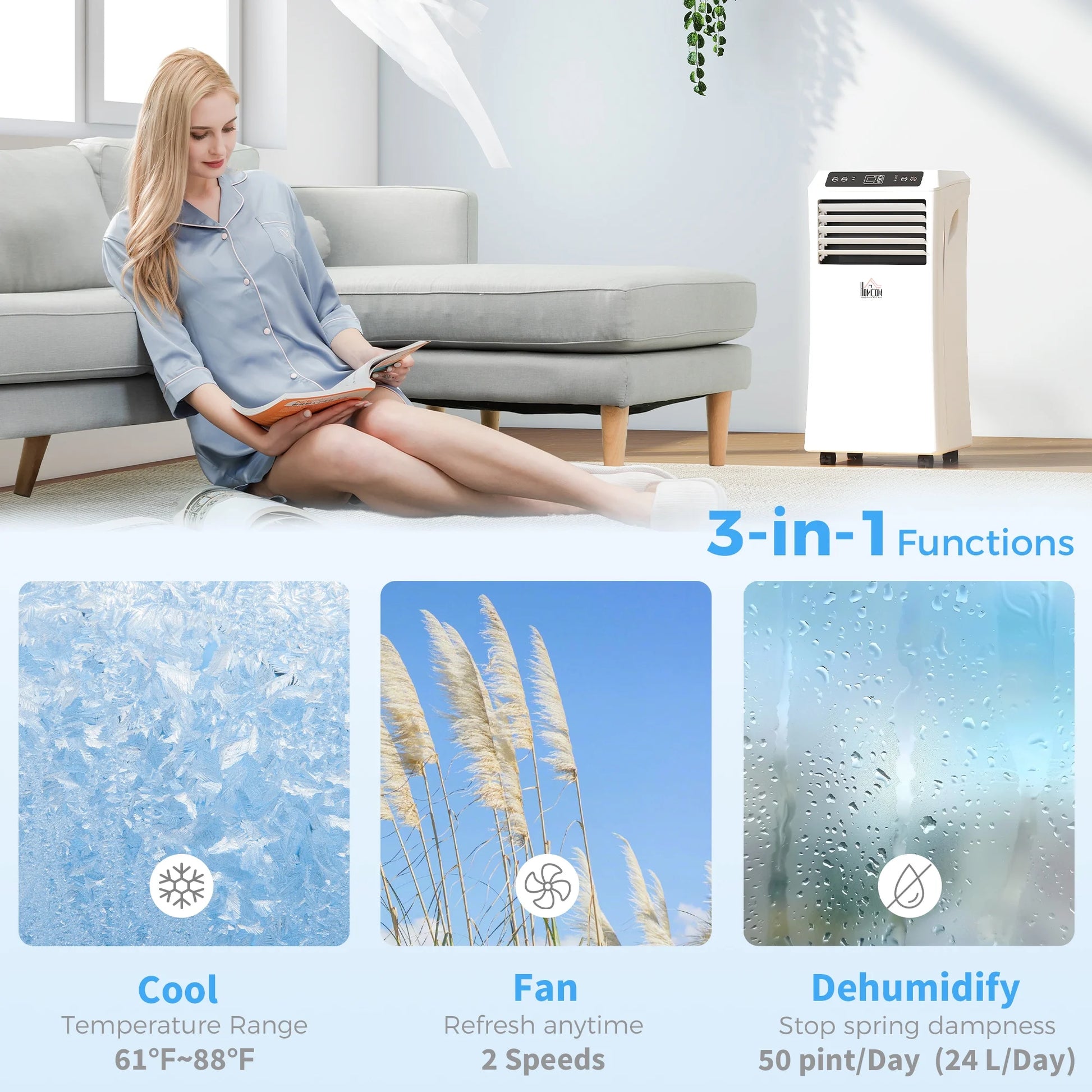 HOMCOM 8000 BTU Mobile Portable Air Conditioner with Cooling, Dehumidifier, and Ventilating with Remote Control, 2 Speed Fans, 24-Hour Timer for Bedroom, Living Room, Home Office, White