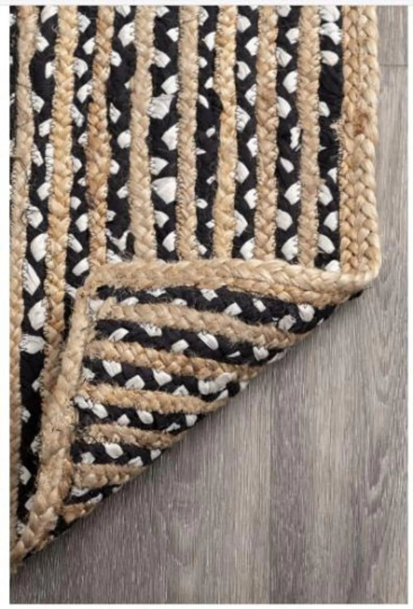 Indian Handmade Braided Black & White Cotton with Natural Jute Area Rugs , Floor Decor Carpet Size 2.6 x 4 Feet ( 75 cm x 120 cm )