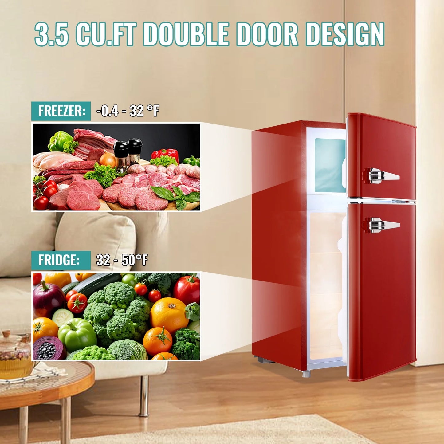 TACOOL Refrigerator with Top Freezer 3.5Cu.ft Two Door Small Mini Fridge with Extra Drink Space for Home Office Dorm Red