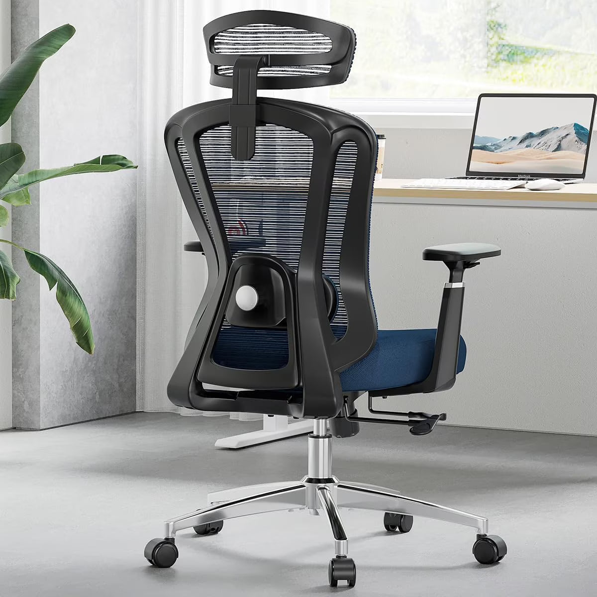 STARY Ergonomic Office Chair with Footrest, High Back Mesh Desk Chair with Adjustable Headrest & Lumbar Support, Comfortable Computer Chair for Home Office Study, White & Beige