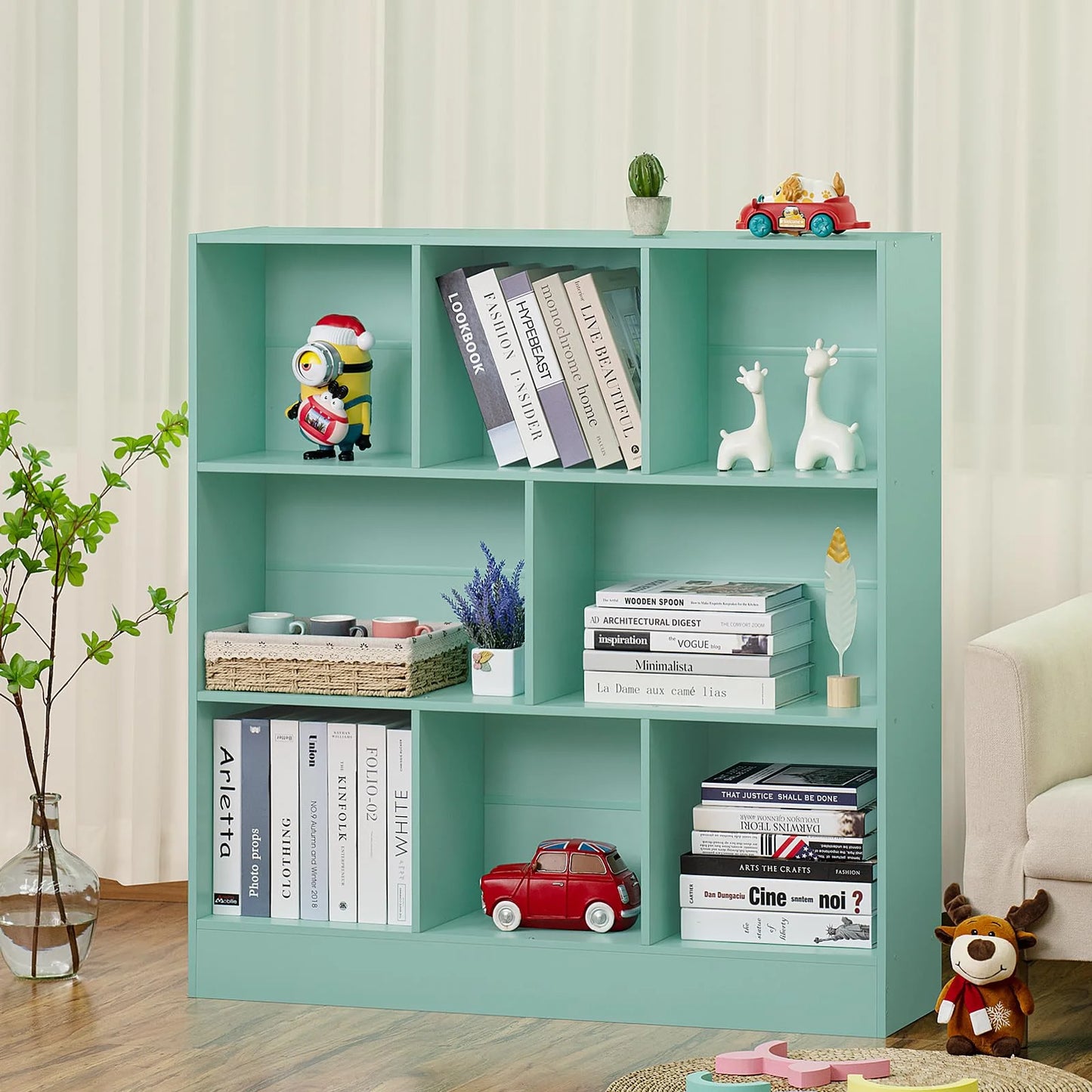 8 Cube Bookshelf with Base,3 Tier Modern Mint-Green Bookcase,Standing Wide Bookshelves Storage Organizer Toy Shelf,Wood Display Children's Book Shelves for Bedroom,Living Room,Nursery