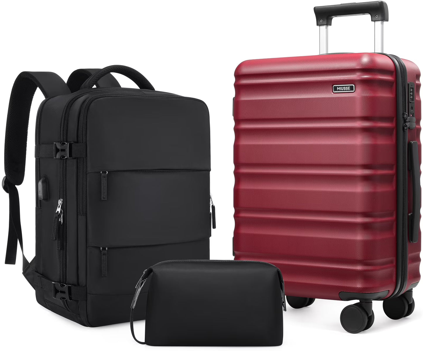 MIUSSE Luggage Sets 3 Piece, 20 Inch Carry On Luggage with Wheels, 100% PC Hardshell Suitcase with TSA Lock, Carry On Suitcases Airline Approved With Travel Backpack for Men Women