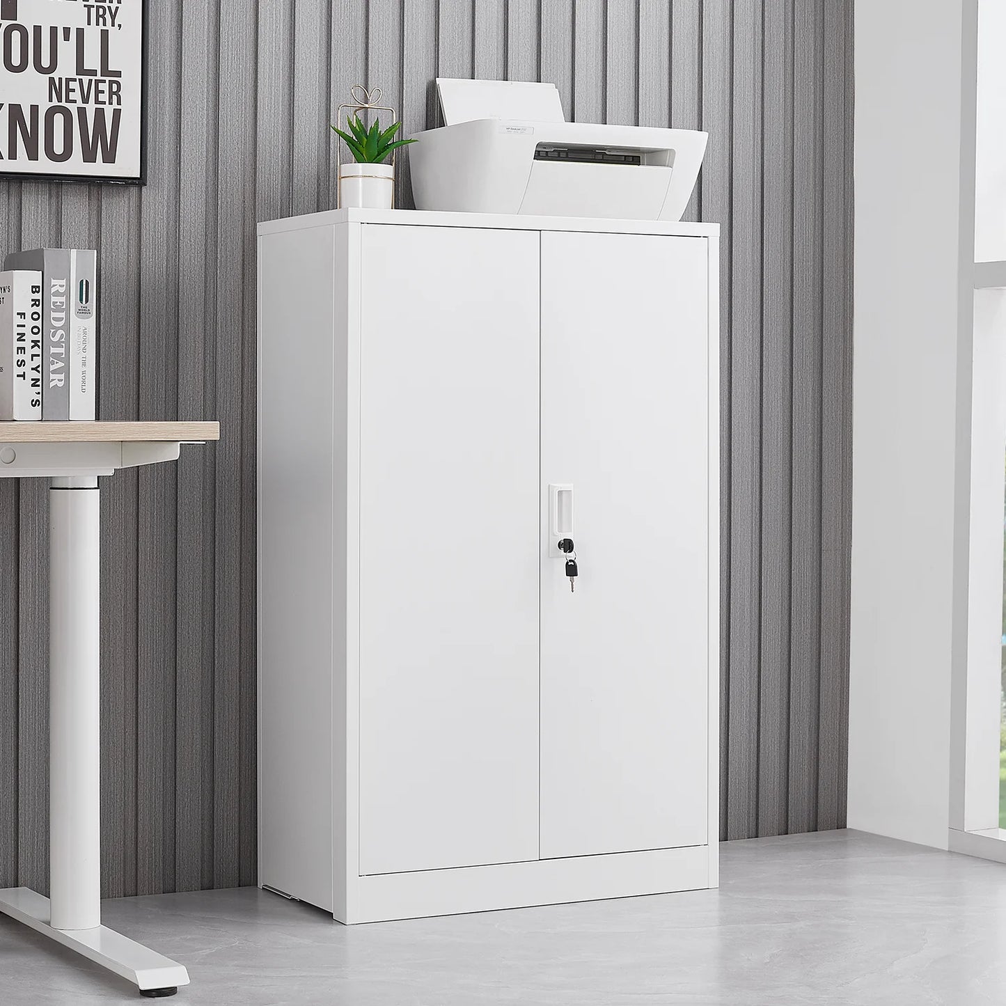Bellemave Metal Storage Cabinet with Locking Doors and 2 Adjustable Shelf, Folding Filing Storage Cabinet, Lockable File Cabinet Metal Locker for Home Office, School, Garage, White