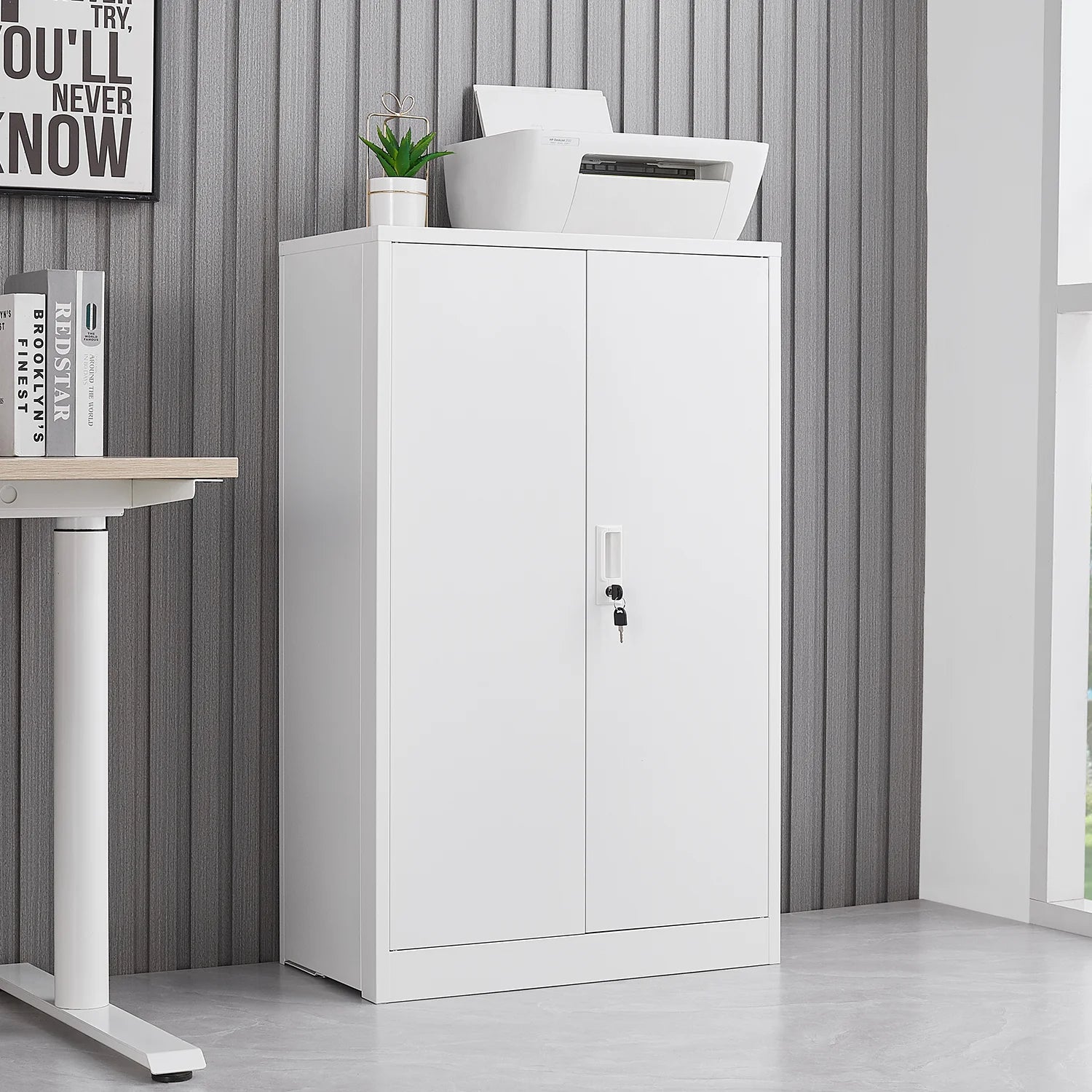 Bellemave Metal Storage Cabinet with Locking Doors and 2 Adjustable Shelf, Folding Filing Storage Cabinet, Lockable File Cabinet Metal Locker for Home Office, School, Garage, White