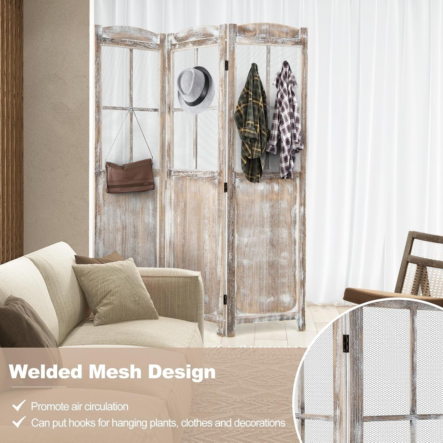 GOFLAME 3-Panel Folding Room Divider, 6FT Paulownia Wood Privacy Screen with Mesh Window, Natural Rustic Freestanding Wall Divider Partition for Room Separation, No Assembly Required