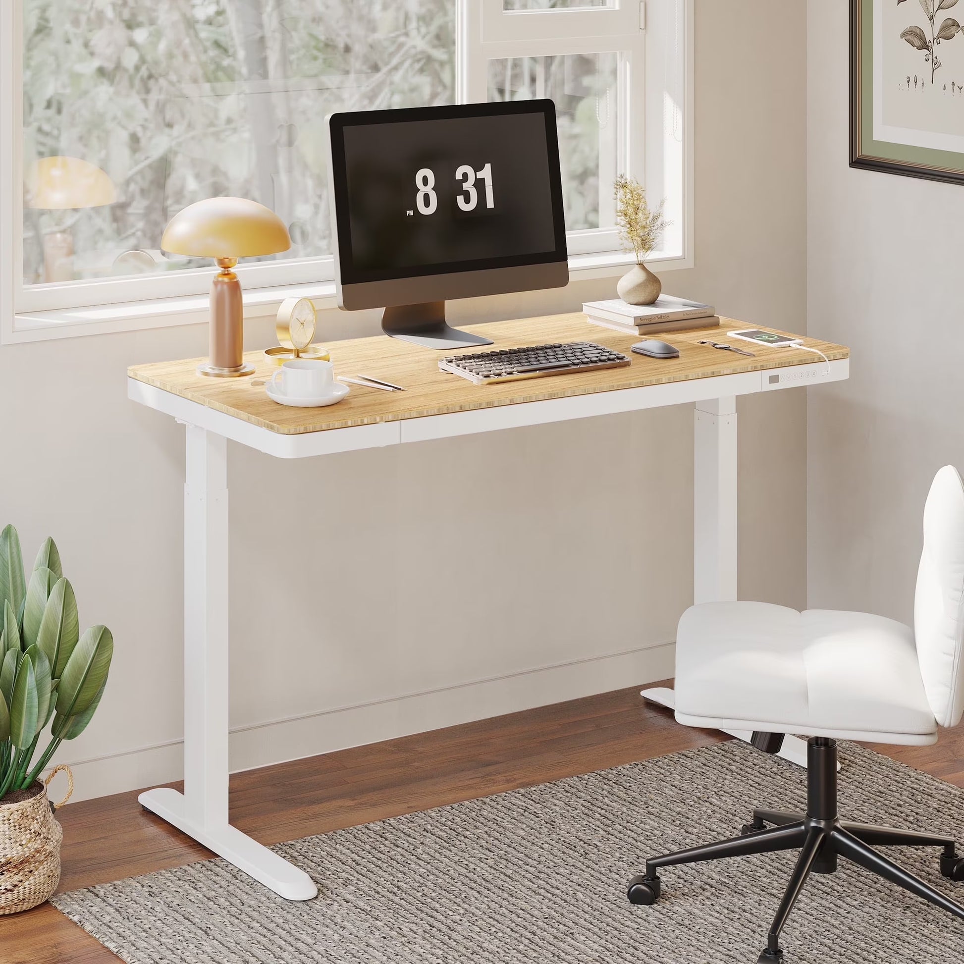 FLEXISPOT 48" W Home Office Height Adjustable Standing Desk White and Maple with USB Charge Ports and Embedded Drawer