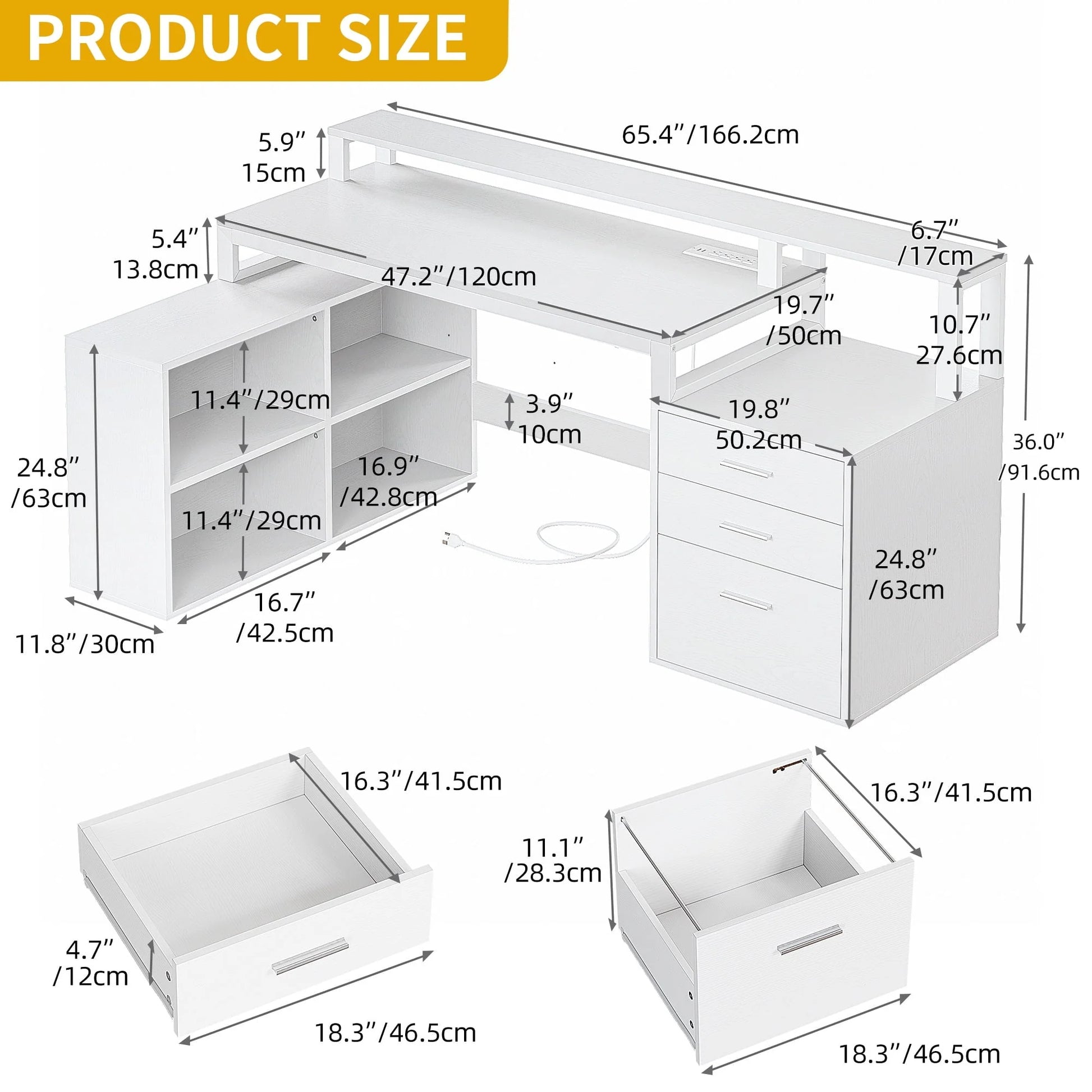 65" L Shaped Desk with Power Outlets and Monitor Stand , Computer Desk with LED Light &File Cabinet, Corner Desk with 3 Drawers & 4 Open Storage Shelves, White Modern Home Office Desk