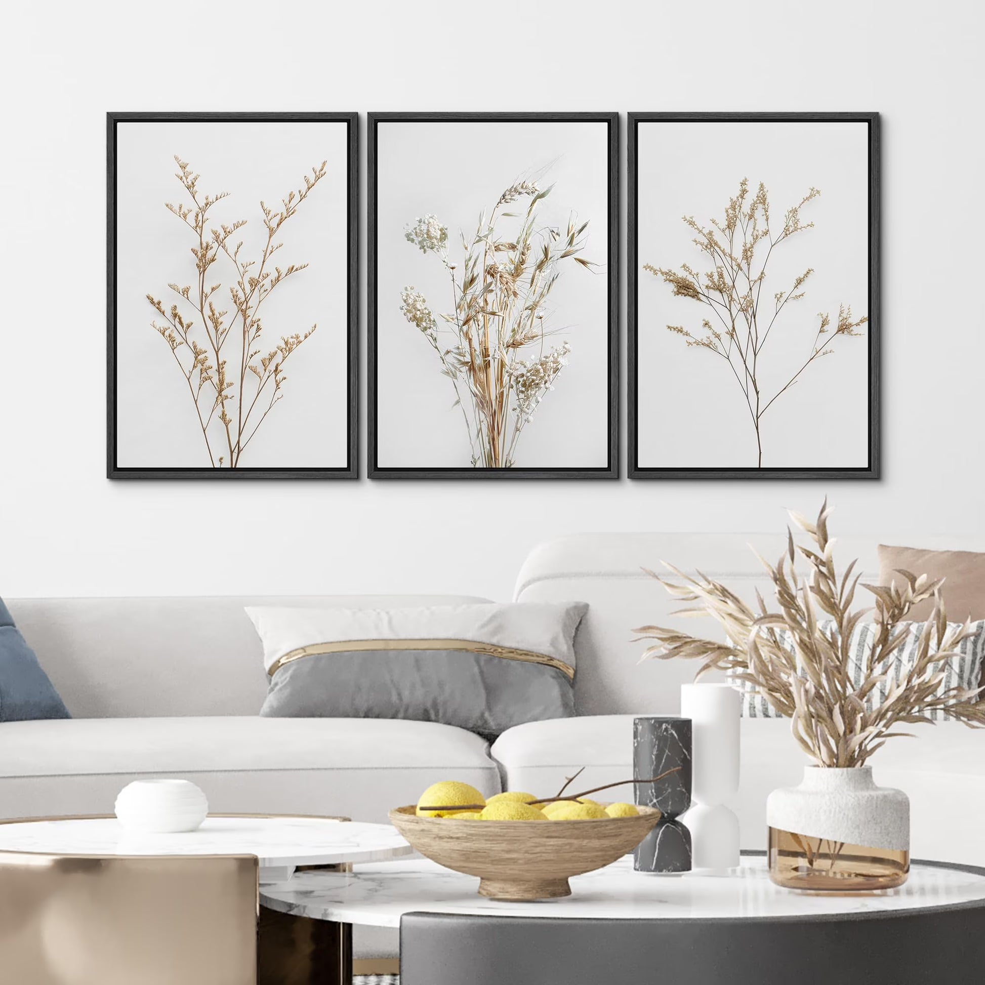 IDEA4WALL Framed Canvas Print Wall Art Set of 3 Wildflower Floral Botanical Prints, Modern Farmhouse Flowers Wall Decor, Large Wall Art, Minimalist Artwork for Home Decor - Black 16"x24"x3