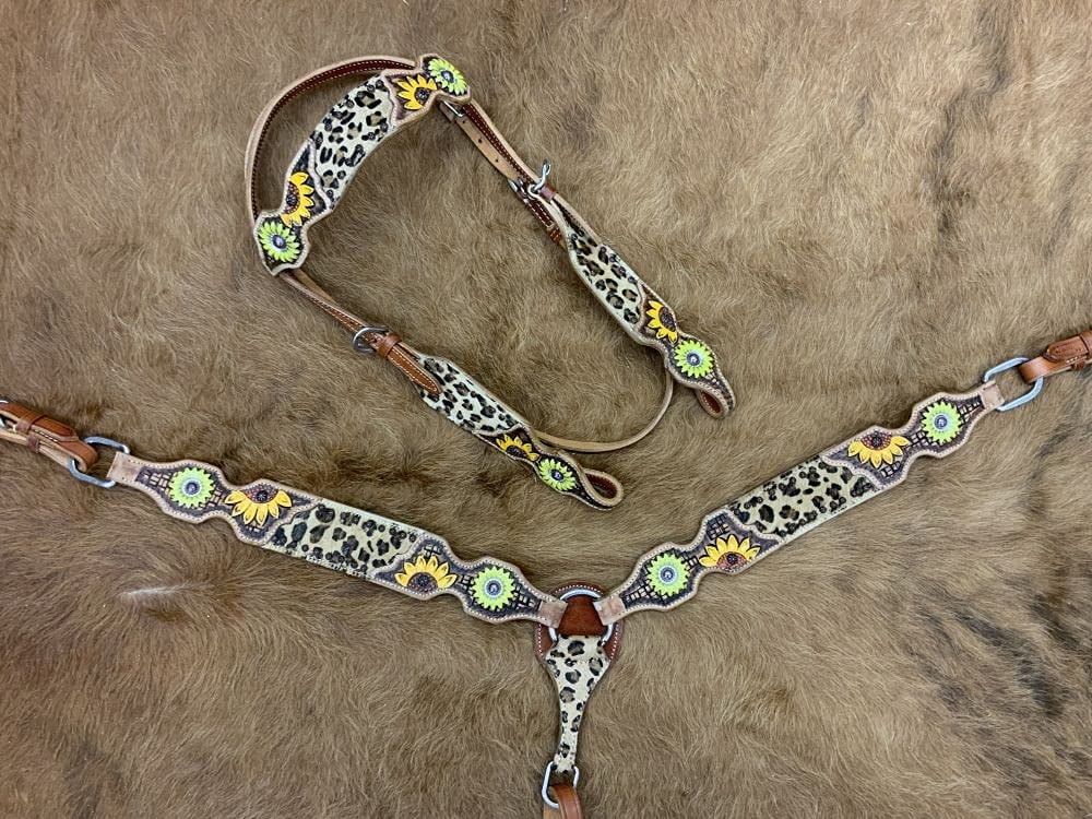 Showman Leather Headstall & Breast Collar Set w/Cheetah Print & Sunflowers