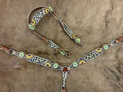 Showman Leather Headstall & Breast Collar Set w/Cheetah Print & Sunflowers