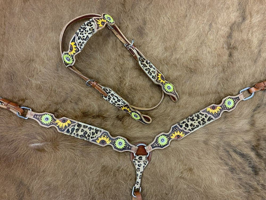Showman Leather Headstall & Breast Collar Set w/Cheetah Print & Sunflowers