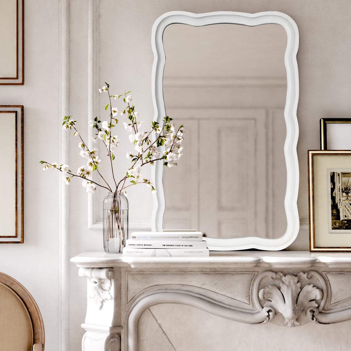 COZAYH Curved Wood Frame Accent Mirror, Farmhouse French Country Decorative Wall Mirror, Rectangle 23.5" L x 38" W, Natural