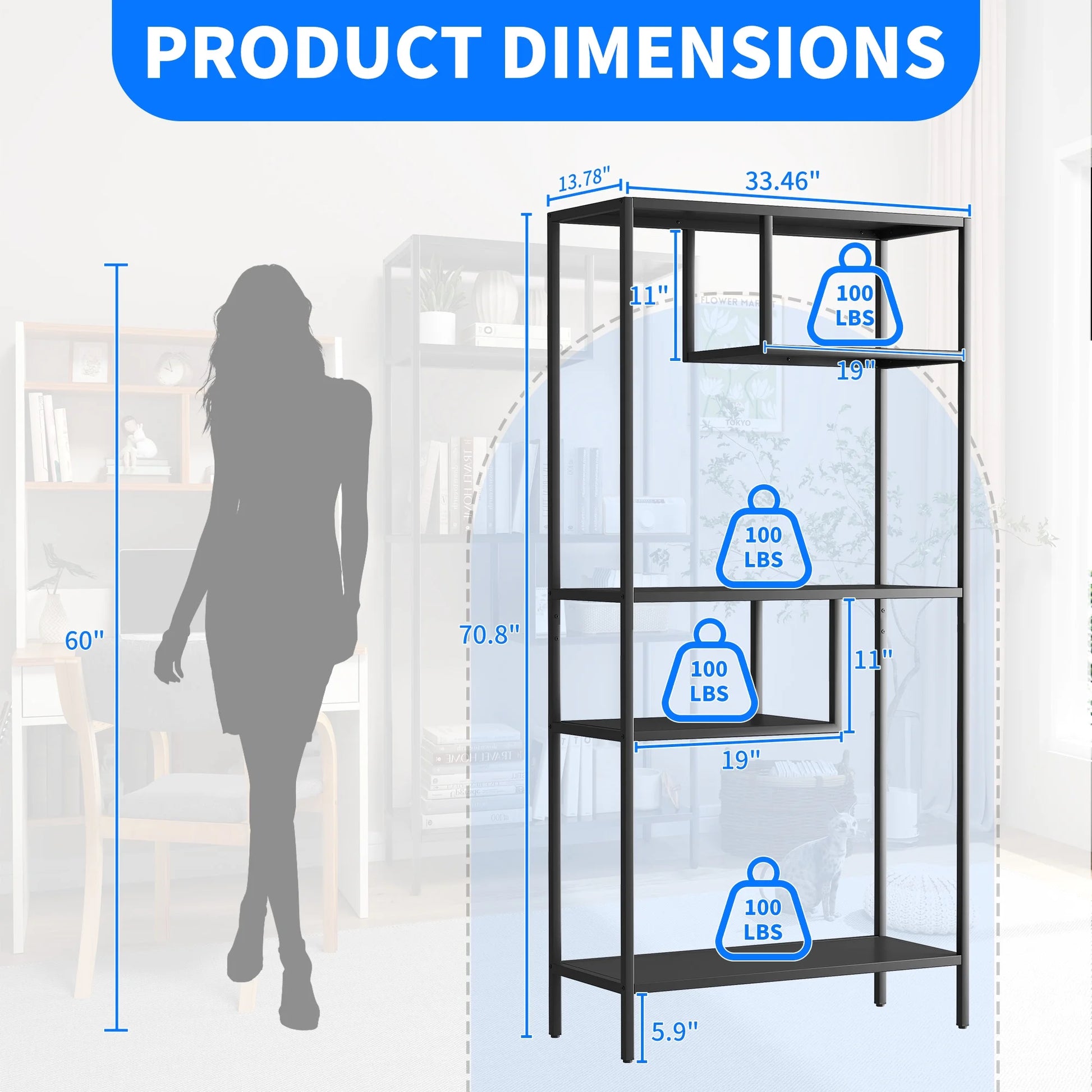 Modern Storage Shelf with 4 Compartments & Metal Legs, Freestanding Organizer,Book Shelves Display Shelves for Living Room, Bedroom, Home Office