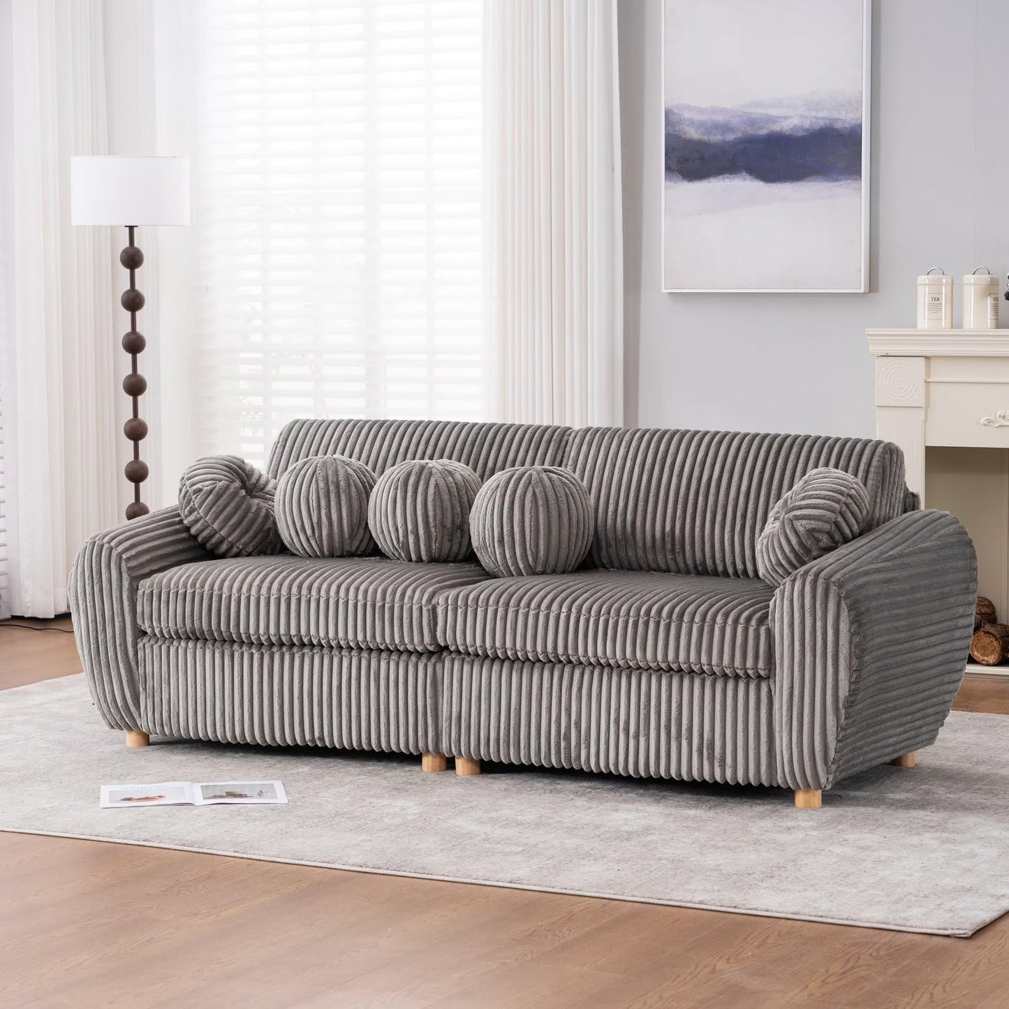84" White Corduroy Loveseat Sofa, Modern Sectional Couch for Living Room, Apartment, Bedroom & Home Office, Solid Wood Frame, Comfortable Upholstered Seat