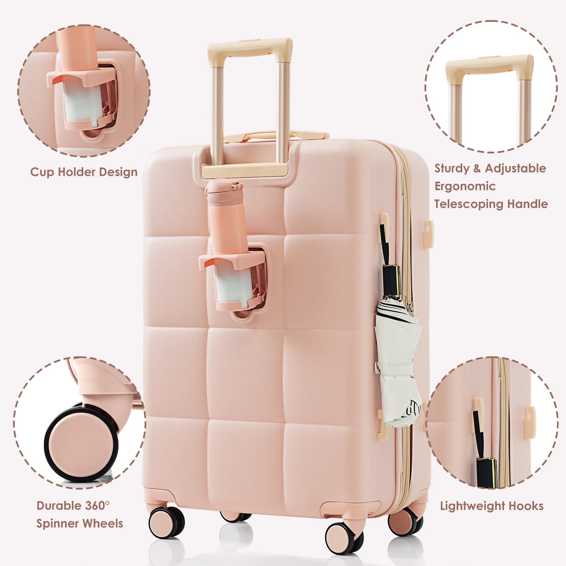 Luggage Set of 3, 20-inch with USB Port, Airline Certified Carry-on Luggage with Cup Holder, ABS Hard Shell Luggage with Spinner Wheels, white