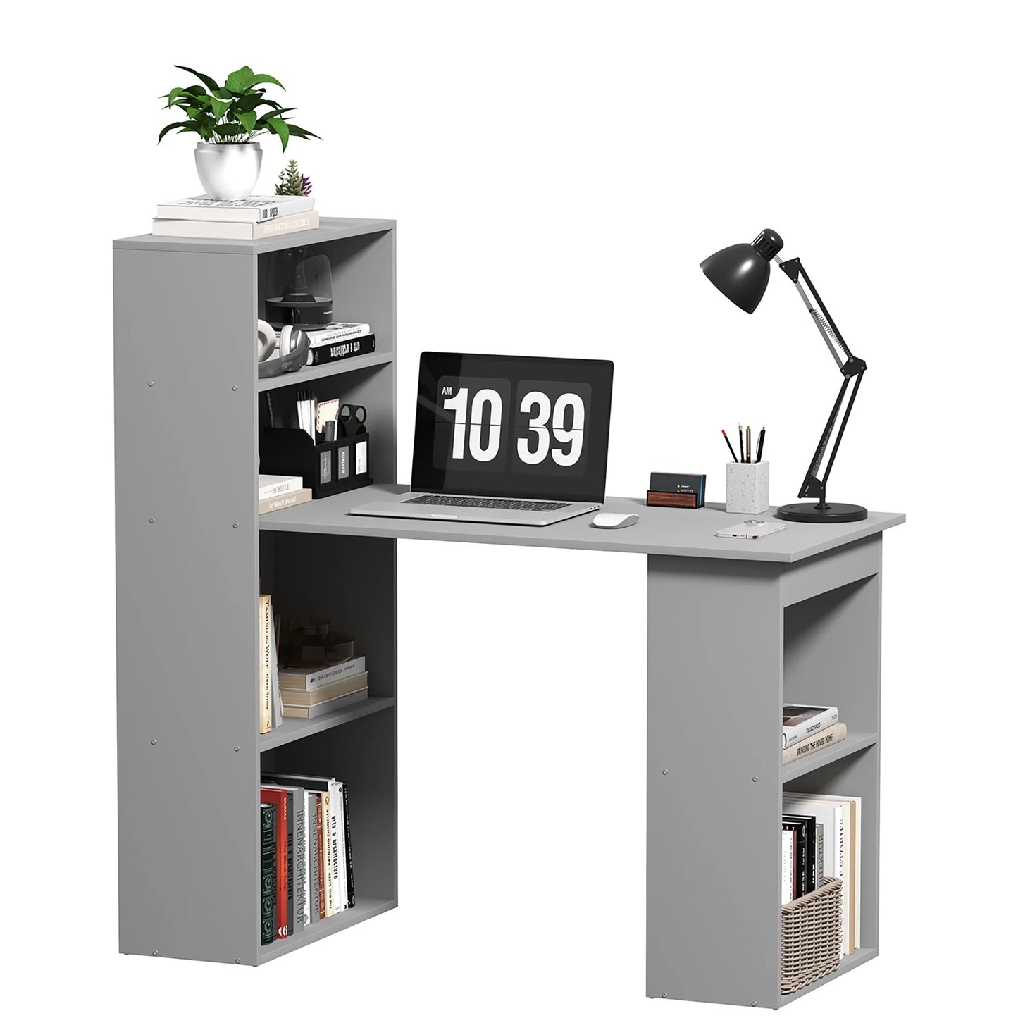 HOMCOM Modern Compact Computer Desk with 6-Tier Storage Shelves, Writing Table Workstation with Bookshelf for Home Office, Gray