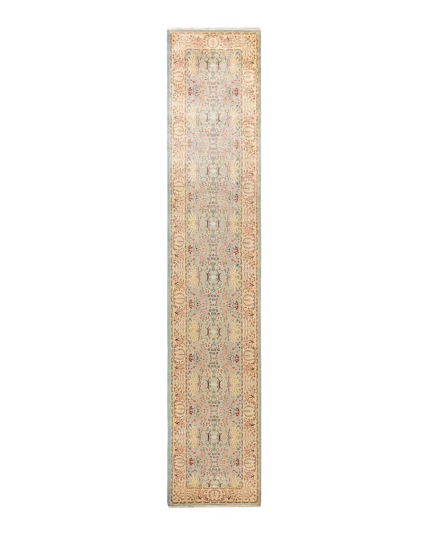 One of a Kind Hand Made Mogul Oriental Wool Area Rug Light Blue Runner