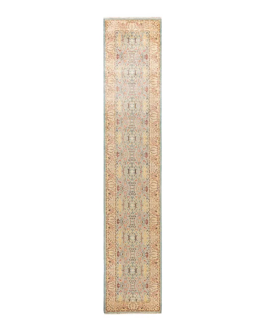 One of a Kind Hand Made Mogul Oriental Wool Area Rug Light Blue Runner