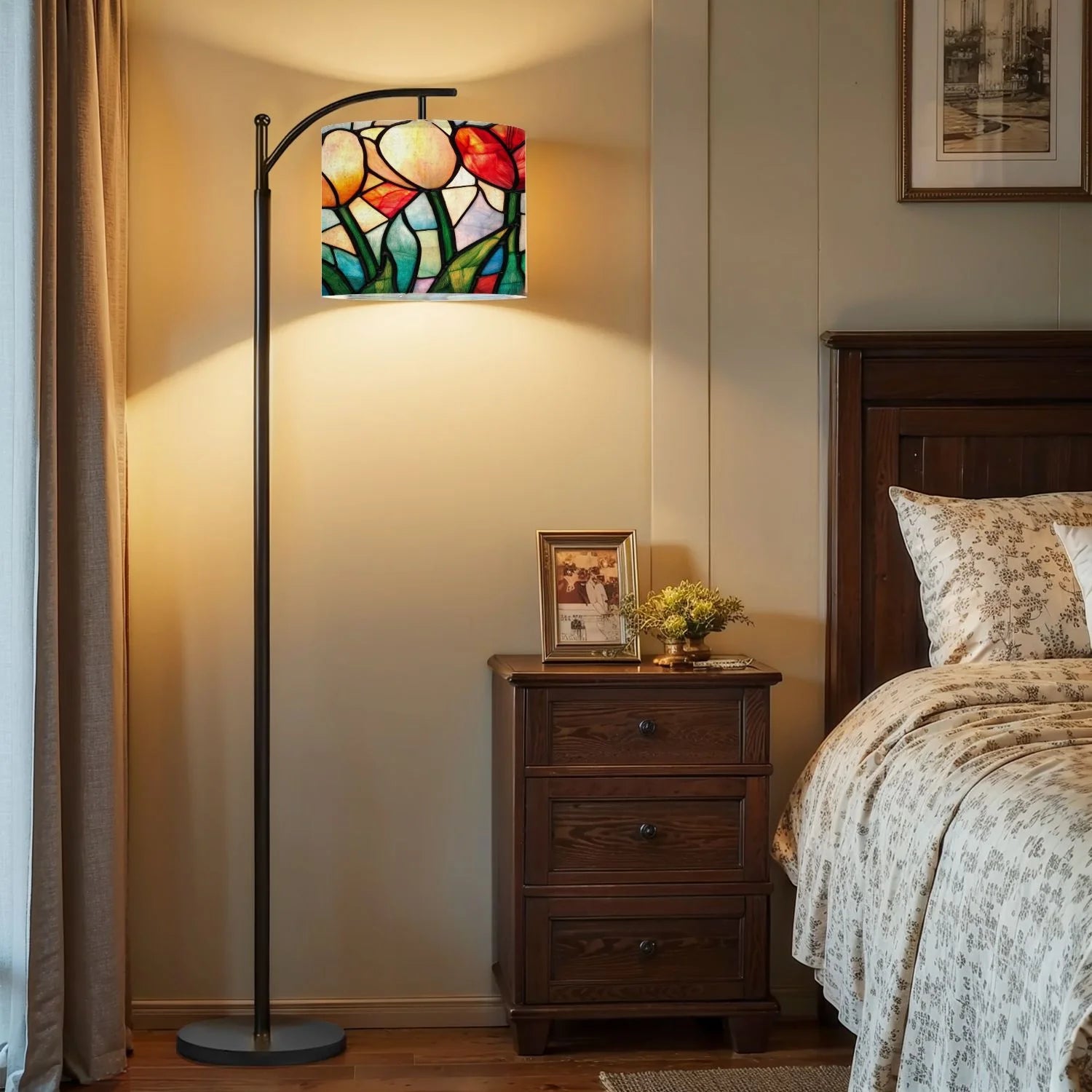 Arc Floor Lamp, 3 Color Temperatures Modern Floor Lamps Flowes Flower Floral Oil Adjustable Tall Standing Reading Lamp with Linen Texture Shade for Living Room, Bedroom, Office