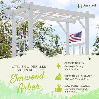 Dura-Trel PVC Garden Arbor, Arch Support for Climbing Plants, Elmwood, White, 57" x 85"
