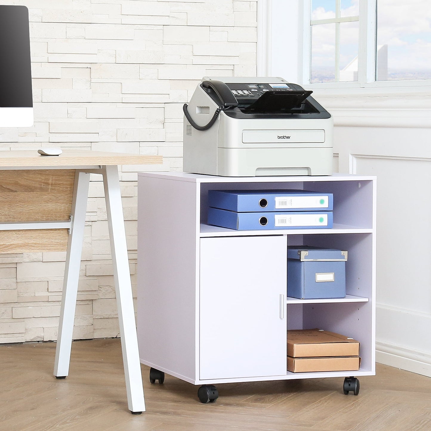 FITUEYES Printer Stand with Storage Adjustable Shelves, Wood Mobile Cart with Door, Rolling File Cabinet on Wheels for Home Office, Black