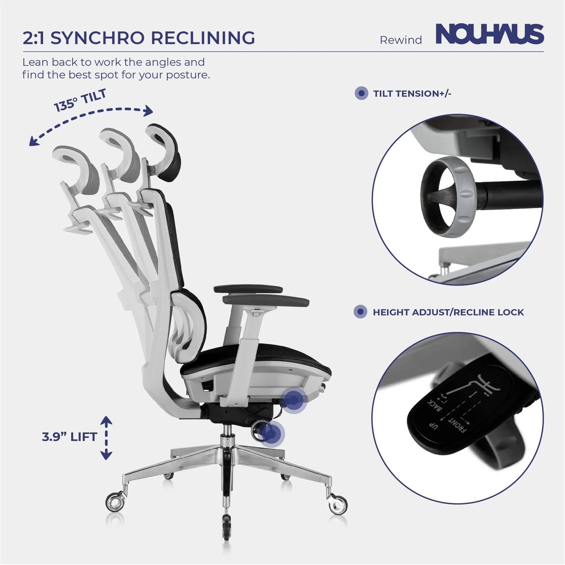 Nouhaus Rewind Ergonomic Office Chair with Footrest and Lumbar Support. Swivel Computer Chair, Rolling Home Office Desk Chairs with Wheels, Mesh High Back Task Chair, Comfortable Office Chair