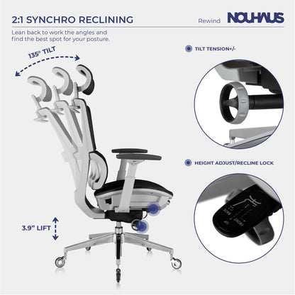 Nouhaus Rewind Ergonomic Office Chair with Footrest and Lumbar Support. Swivel Computer Chair, Rolling Home Office Desk Chairs with Wheels, Mesh High Back Task Chair, Comfortable Office Chair