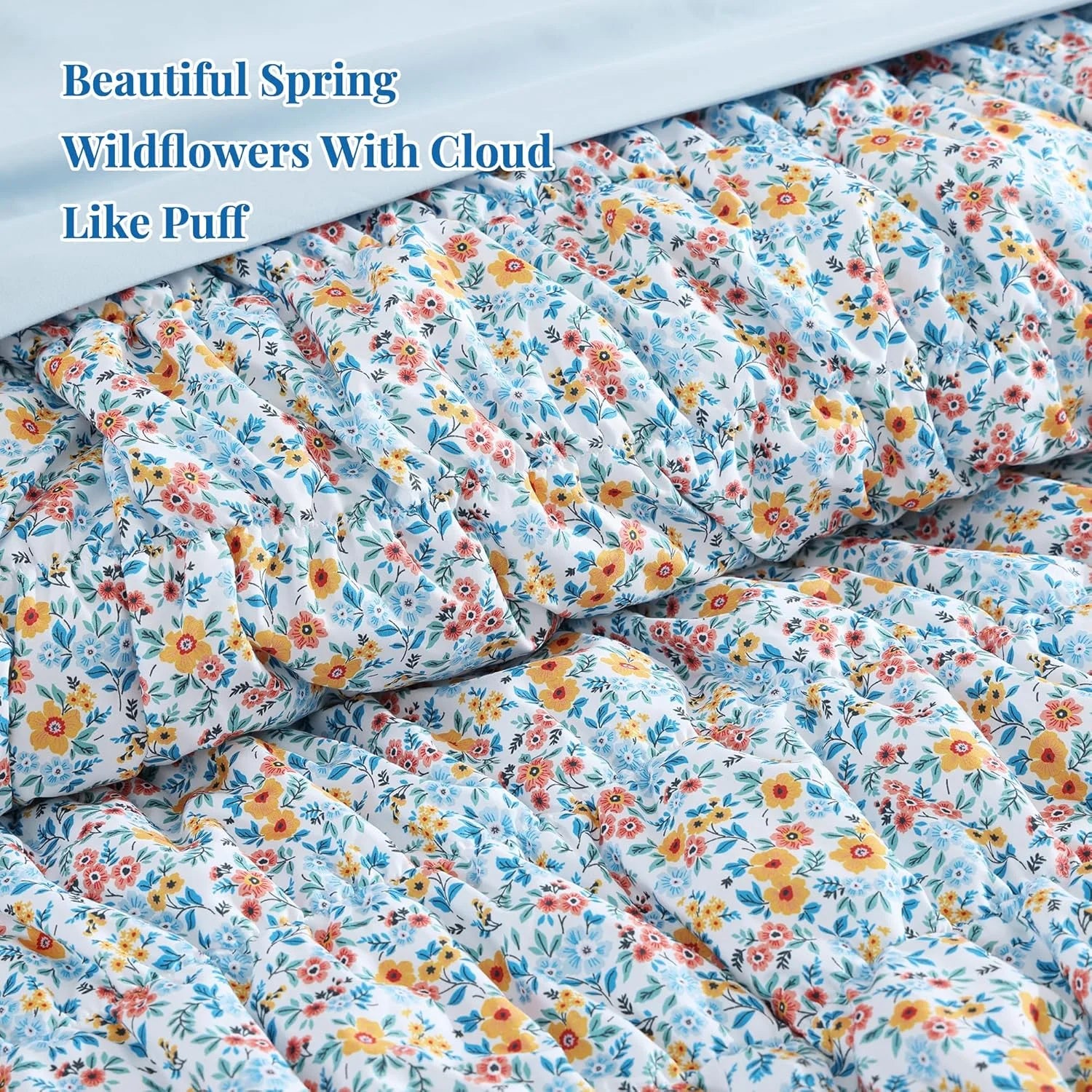 7 Pieces Blue Classic Puff Floral Bedding Sets for All Seasons, Shabby Chic Farmhouse Bed in a Bag Queen with Wildflowers Fluffy Comforter, Sheets, Pillowcases & Shams