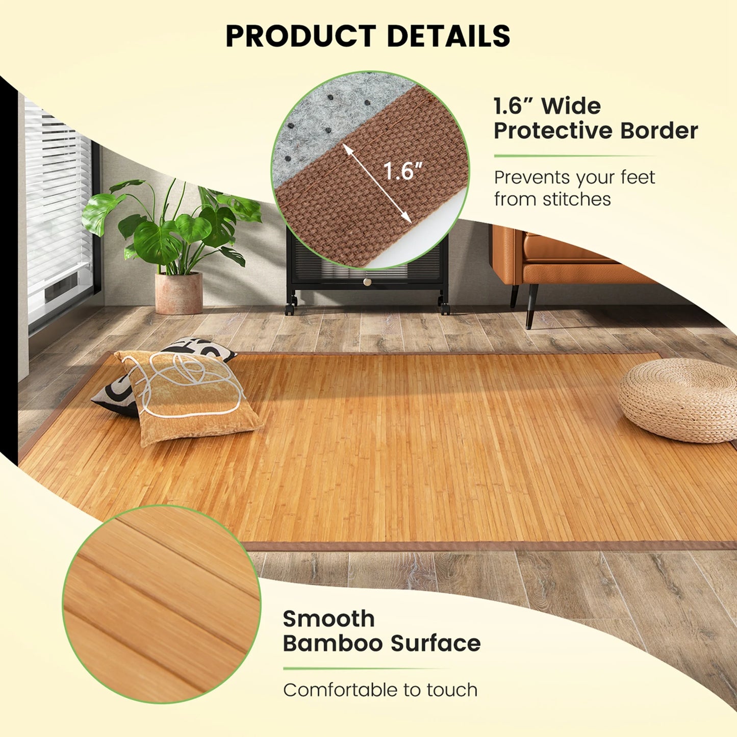 Costway 5' X 8' Bamboo Area Rug Floor Carpet Natural Bamboo Wood Indoor