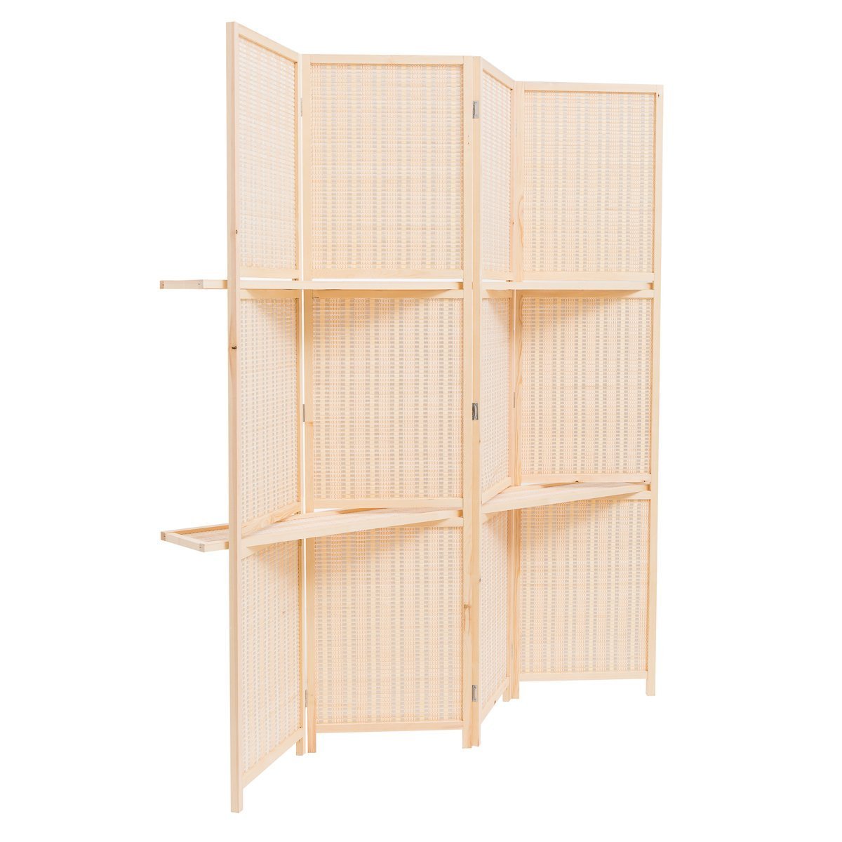 THY COLLECTIBLES Freestanding Wood Frame Woven Bamboo 4 Panels Hinged Privacy Panel Screen Partition Wall With 2 Display Shelves Holding Room Divider With Shelves-Bamboo (Brown)