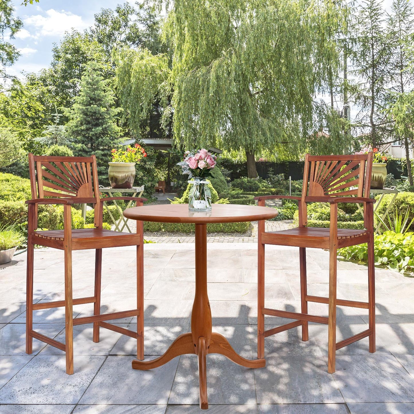 Giantex Patio Bar Stools Set of 4, Outdoor Acacia Wood Bar Chairs with Sunflower Backrest, Curved Armrests & Breathable Seat, Ideal for Balcony, Sunroom, Patio, Easy Assembly