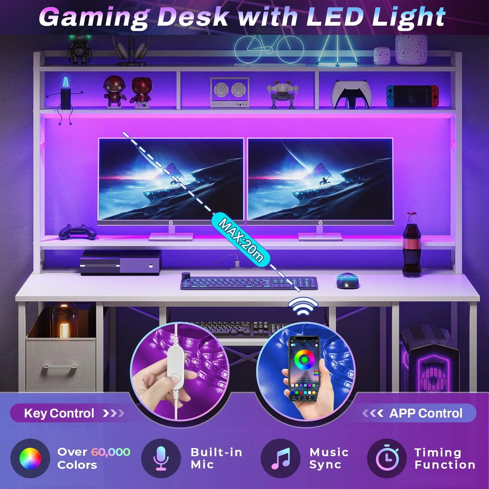 55" Computer Desk with Drawer& Power Outlet, Industrial Home Office Table Gaming Desk PC Study Workstation with Hutch& LED Lights& Adjustable Shelves,White