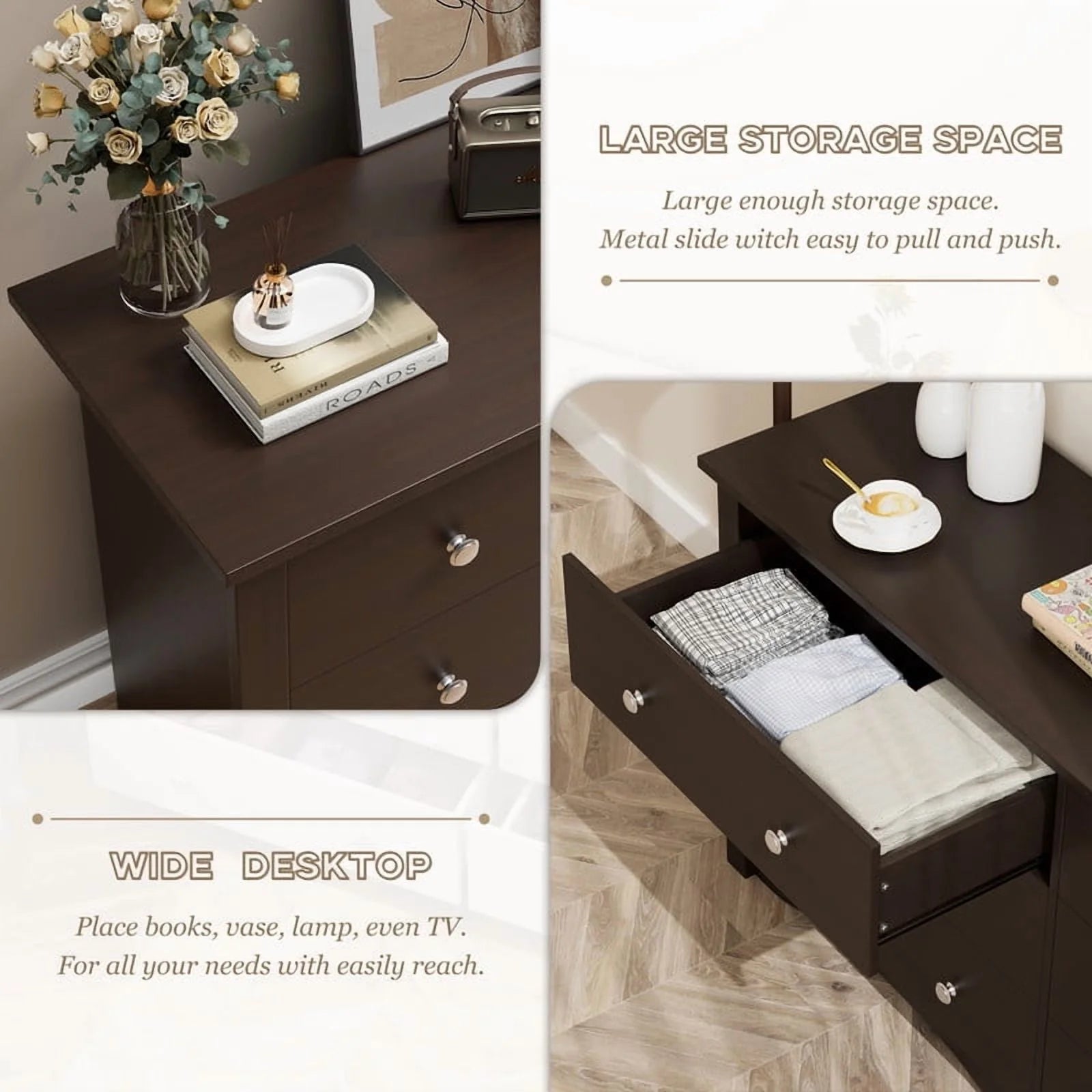 Lumihaven Rustic Modern Chest of 6 Drawers,Extra Wide Double Dresser for Master Bedroom or Nursery Storage,Black