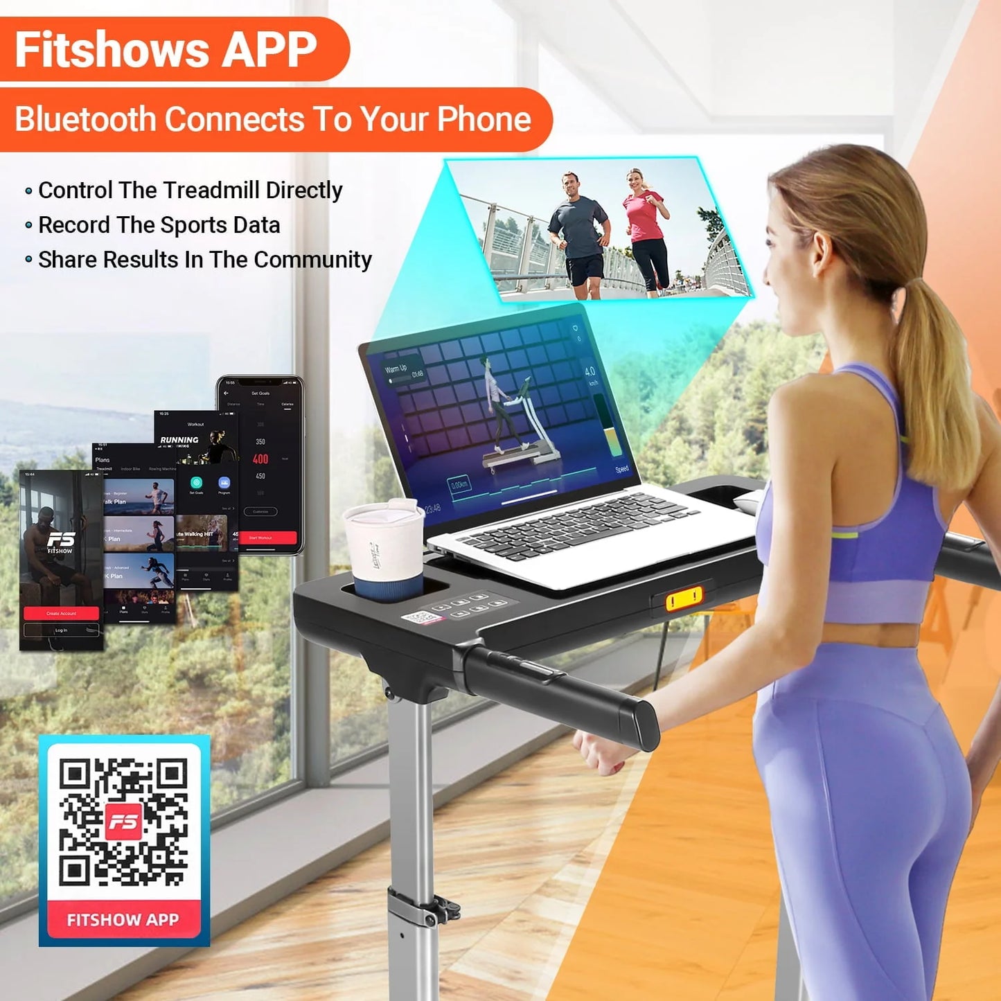 Adnoom 2.5HP Treadmill with Adjustable Desk, 300LBS Folding Incline Treadmill with Incline, Portable Running Walking Machine with Bluetooth Music & APP for Home Office, Easy Assembly