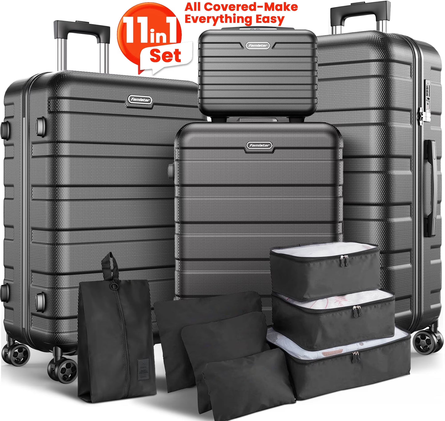 Famistar 11 Piece Hardside Luggage Suitcase Set with 360° Double Spinner Wheels TSA Style Lock, 14° Travel Case, 20" Carry-On Luggage, 24" Checked Luggage and 28" Checked Luggage, Black