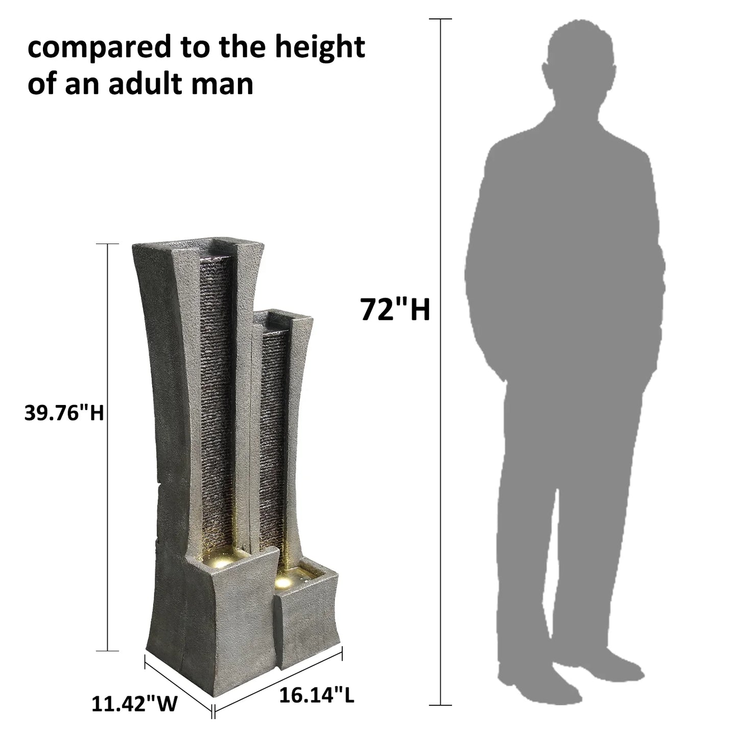 39.76''H Water Fountain Outdoor Indoor 2 Columns Waterfall Garden Fountains Modern Floor-Standing Water Feature with LED Light and Pump for Home Office Garden Patio
