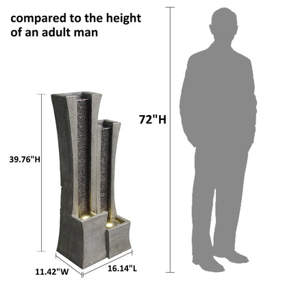 39.76''H Water Fountain Outdoor Indoor 2 Columns Waterfall Garden Fountains Modern Floor-Standing Water Feature with LED Light and Pump for Home Office Garden Patio