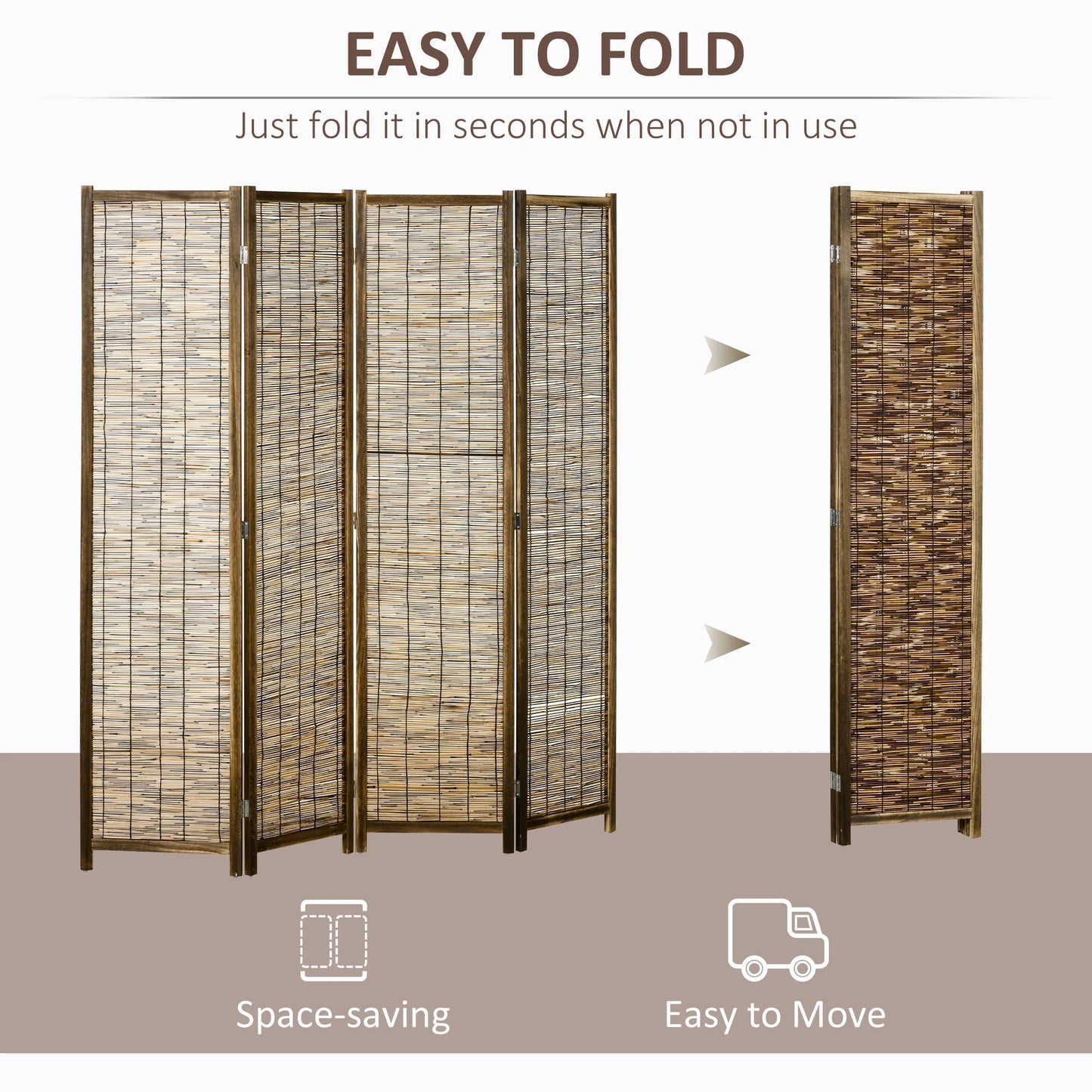 HOMCOM Woven 4 Panel Room Divider, 5.5' Tall Folding Privacy Screen, Brown